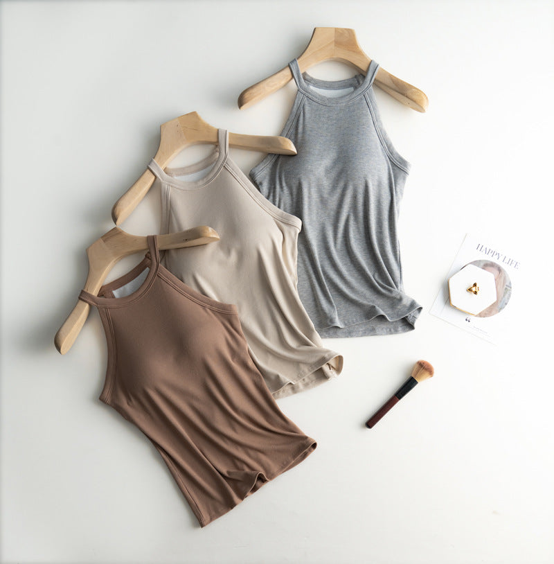 Halter Neck Off-shoulder Camisole Tops Basic Solid Women T shirts Tees Summer Female Tanks Sleeveless With Chest Pad