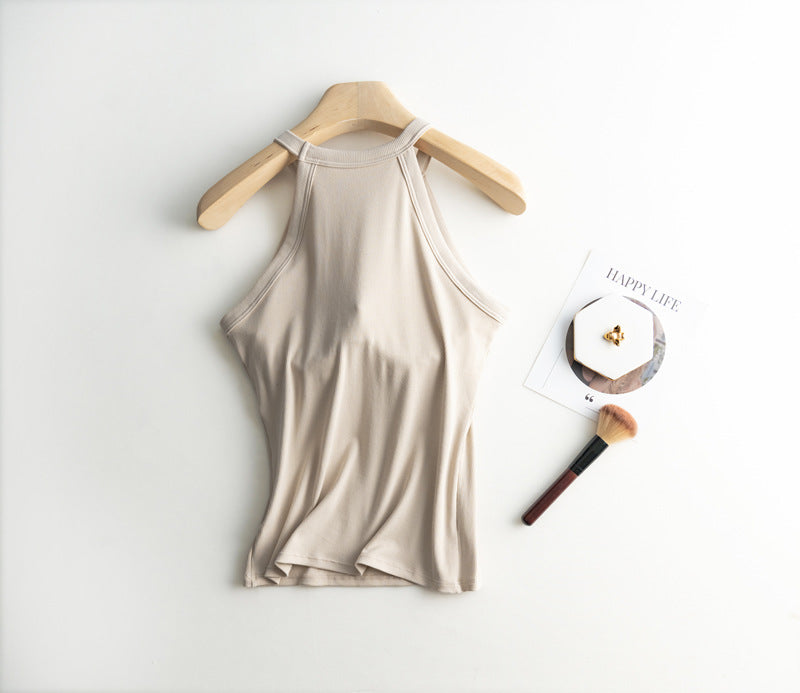 Halter Neck Off-shoulder Camisole Tops Basic Solid Women T shirts Tees Summer Female Tanks Sleeveless With Chest Pad