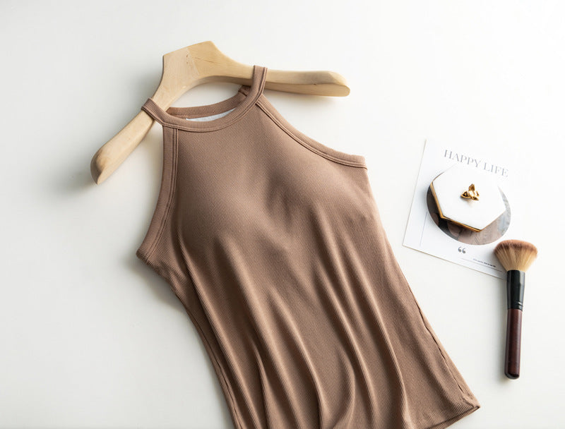 Halter Neck Off-shoulder Camisole Tops Basic Solid Women T shirts Tees Summer Female Tanks Sleeveless With Chest Pad