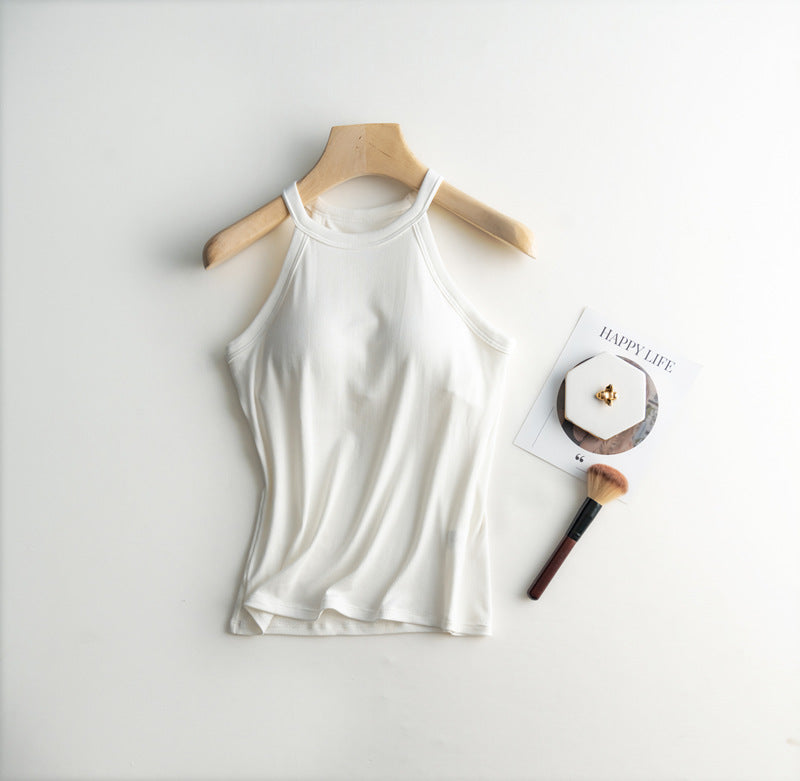 Halter Neck Off-shoulder Camisole Tops Basic Solid Women T shirts Tees Summer Female Tanks Sleeveless With Chest Pad