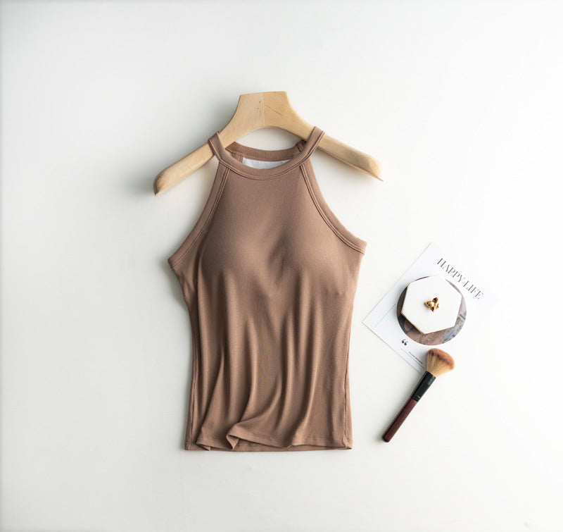 Halter Neck Off-shoulder Camisole Tops Basic Solid Women T shirts Tees Summer Female Tanks Sleeveless With Chest Pad