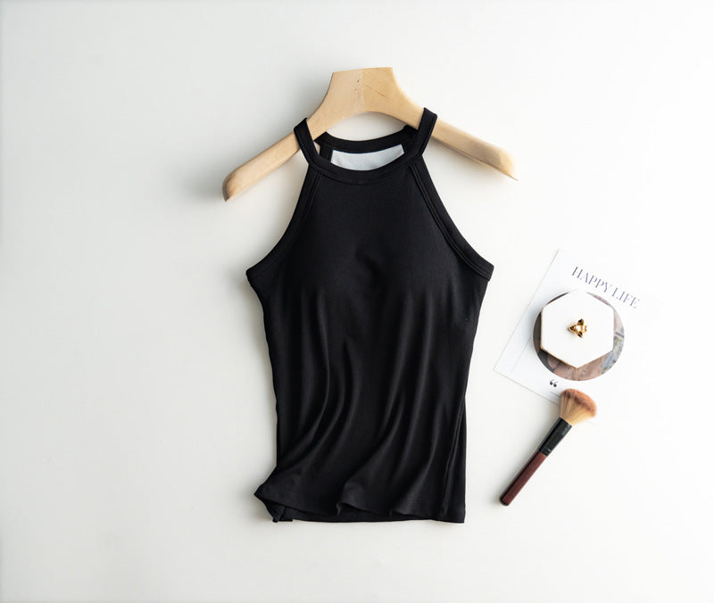 Halter Neck Off-shoulder Camisole Tops Basic Solid Women T shirts Tees Summer Female Tanks Sleeveless With Chest Pad