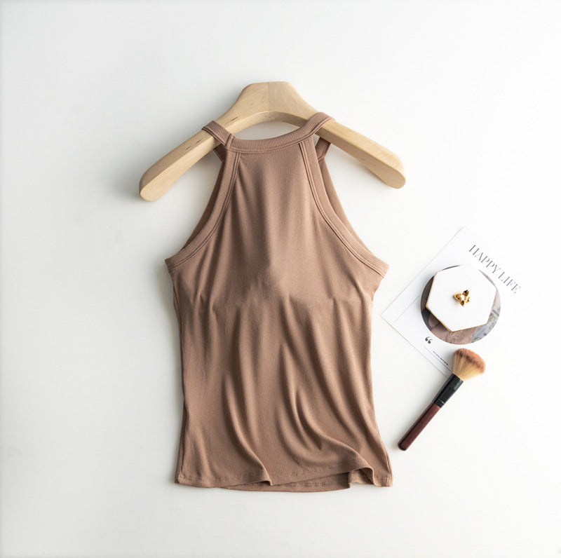 Halter Neck Off-shoulder Camisole Tops Basic Solid Women T shirts Tees Summer Female Tanks Sleeveless With Chest Pad