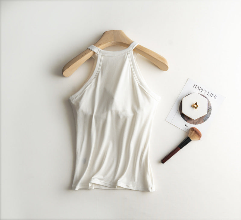 Halter Neck Off-shoulder Camisole Tops Basic Solid Women T shirts Tees Summer Female Tanks Sleeveless With Chest Pad