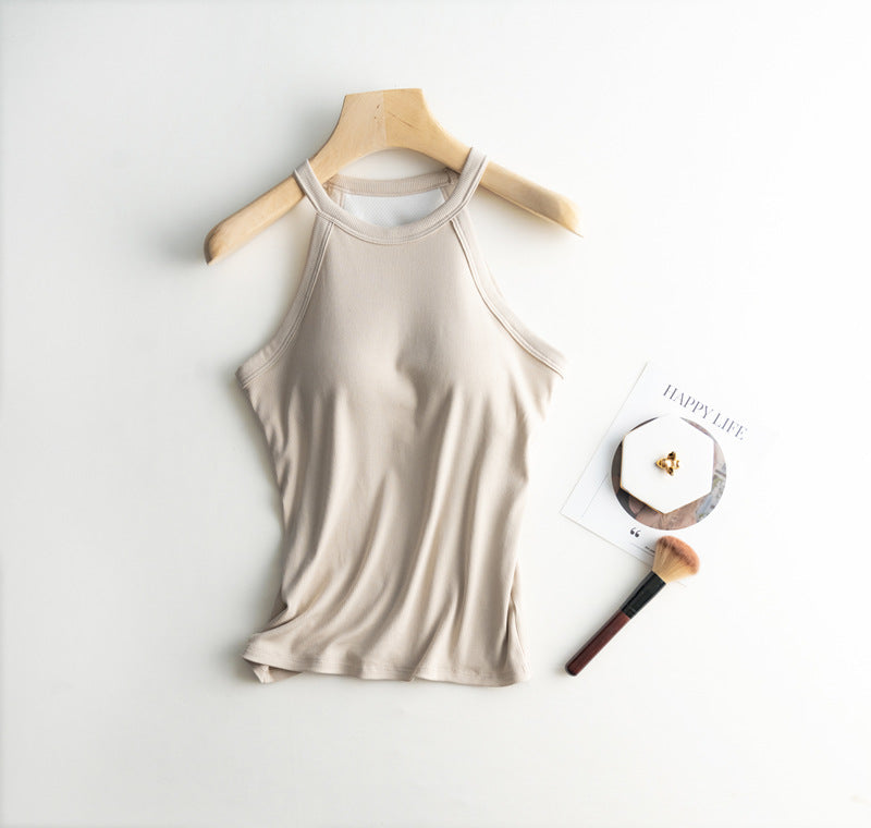 Halter Neck Off-shoulder Camisole Tops Basic Solid Women T shirts Tees Summer Female Tanks Sleeveless With Chest Pad
