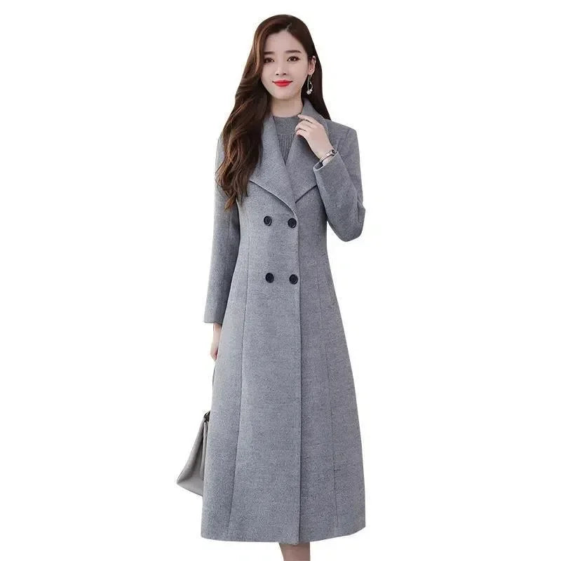Women's Wool Coat - Long, Thick, Slim Fit with Waist Fitting, Knee-Length for Elegant and Warm Wear.