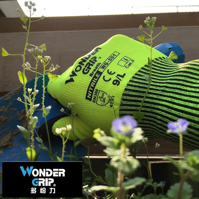 Garden Work Glove Nylon Spandex Fluorescent Green Nitrile Micro Foam Flower Garden Safety Mittens
