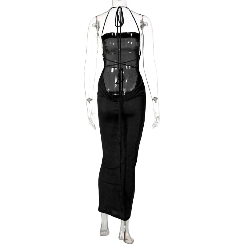 Backless Sleeveless, Swing Collar Drawstrings Hollow Out Slit Sexy Maxi Prom Dress 2023 Summer Women Party Y2K Robe