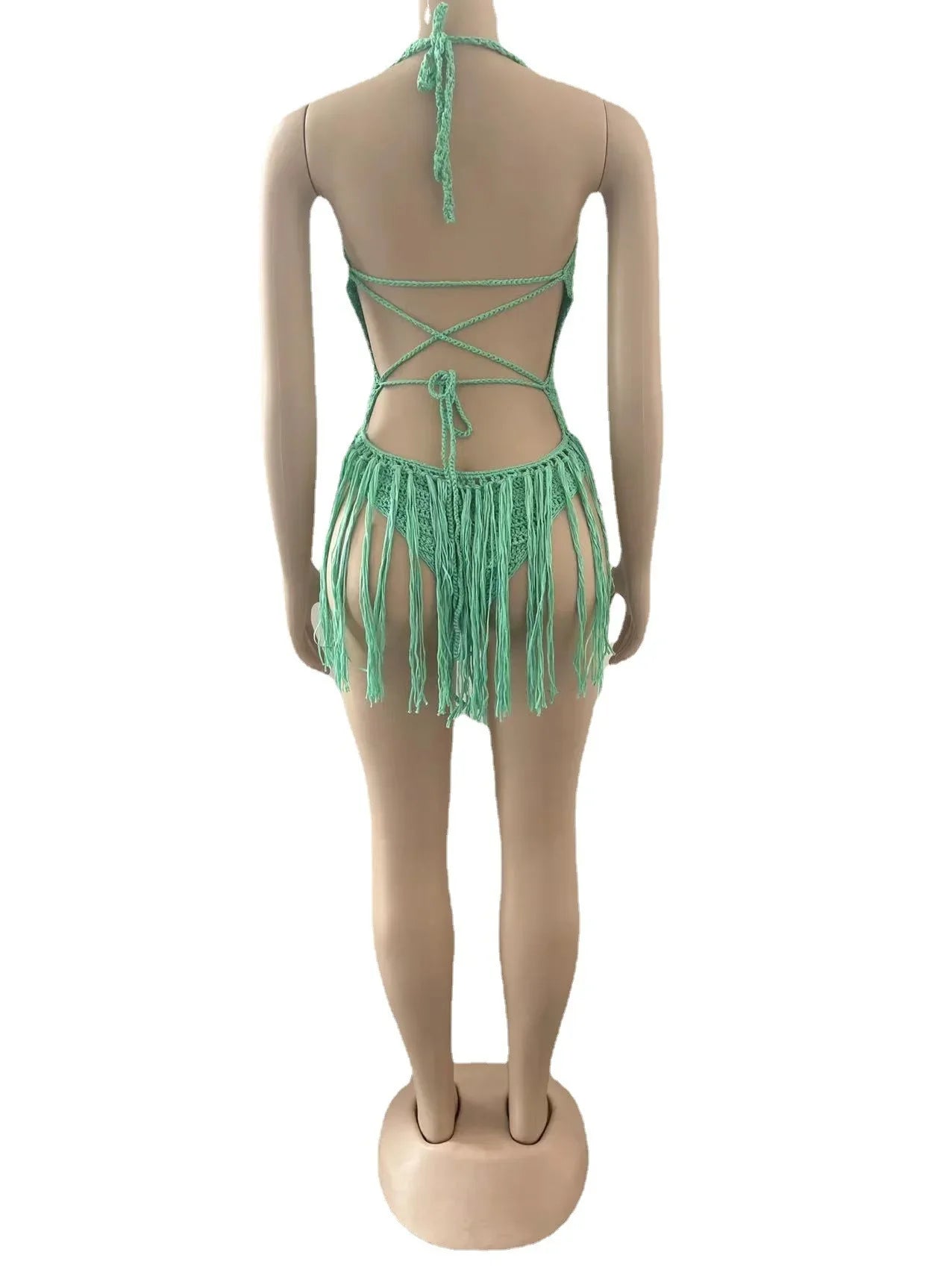Sexy Women Knitted Dress Halter Backless Crochet Mini Dresses Hollow Out Bodycon Crocheted Beach Dress