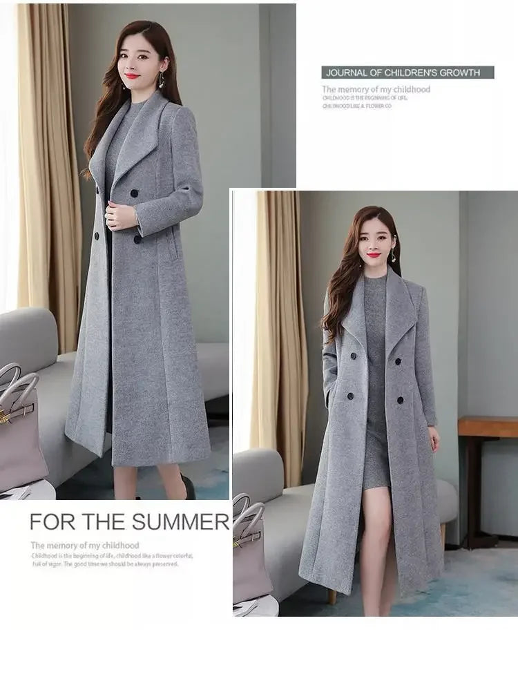Women's Wool Coat - Long, Thick, Slim Fit with Waist Fitting, Knee-Length for Elegant and Warm Wear.