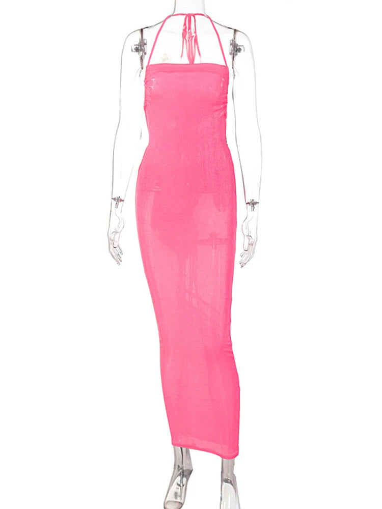 Backless Sleeveless, Swing Collar Drawstrings Hollow Out Slit Sexy Maxi Prom Dress 2023 Summer Women Party Y2K Robe