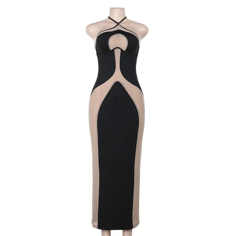Halter Neck Dresses, Mesh Patchwork for Women Sexy Lace-up Backless See-through Evening Dress Sleeveless Backless Long Party Robe