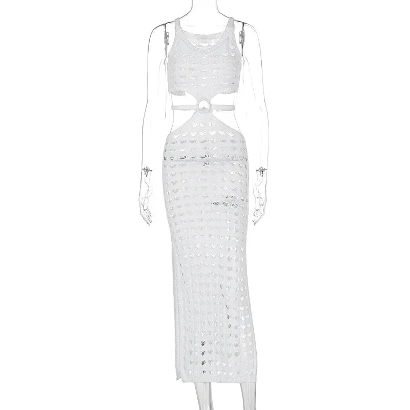 Sexy Hollow Out Women Knit Maxi Dress High Waist Cut Out Mesh Sheer Elegant Sleeveless Hem silt Beach Party Dress Femme