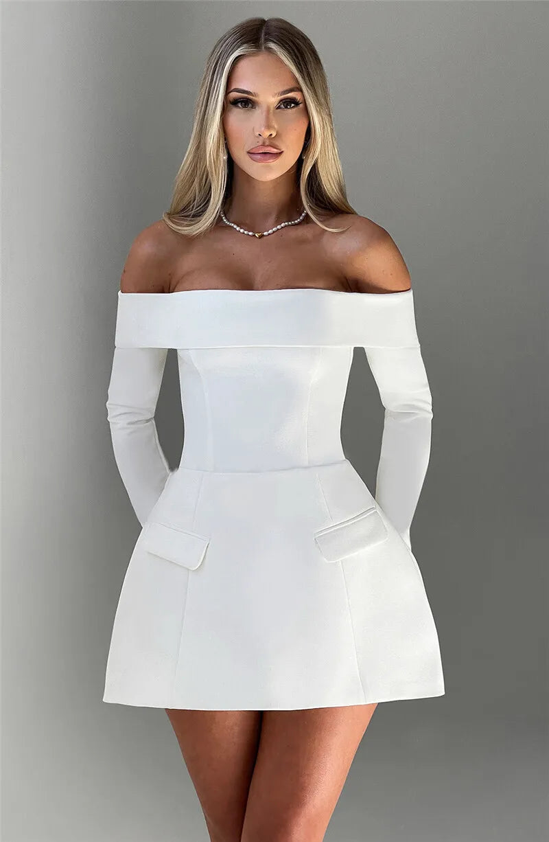 Mozision Off-shoulder Long Sleeve Sexy Mini Dress For Women Two Pocket Strapless Backless A-line Club Party Sexy Dress Elegant
