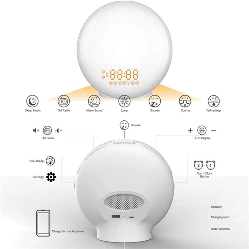 Alarm Clock, Wake Up Alarm Clock Light with Sunrise/Sunset Simulation Dual Alarms FM Radio Nightlight 7 Colors Natural Sounds Snooze