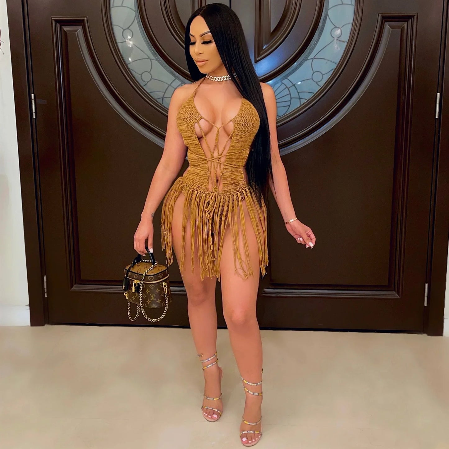 Sexy Women Knitted Dress Halter Backless Crochet Mini Dresses Hollow Out Bodycon Crocheted Beach Dress