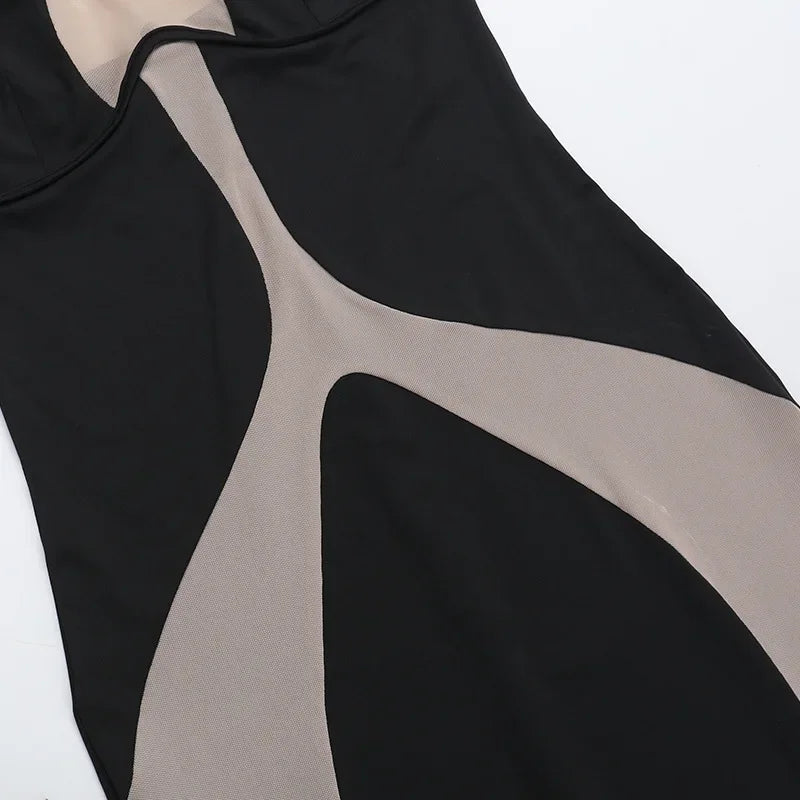 Halter Neck Dresses, Mesh Patchwork for Women Sexy Lace-up Backless See-through Evening Dress Sleeveless Backless Long Party Robe
