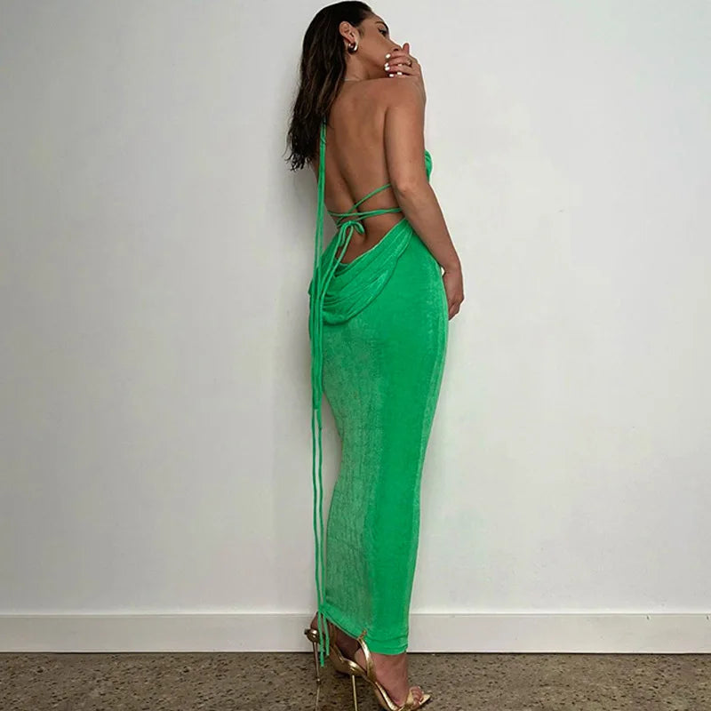 Backless Sleeveless, Swing Collar Drawstrings Hollow Out Slit Sexy Maxi Prom Dress 2023 Summer Women Party Y2K Robe