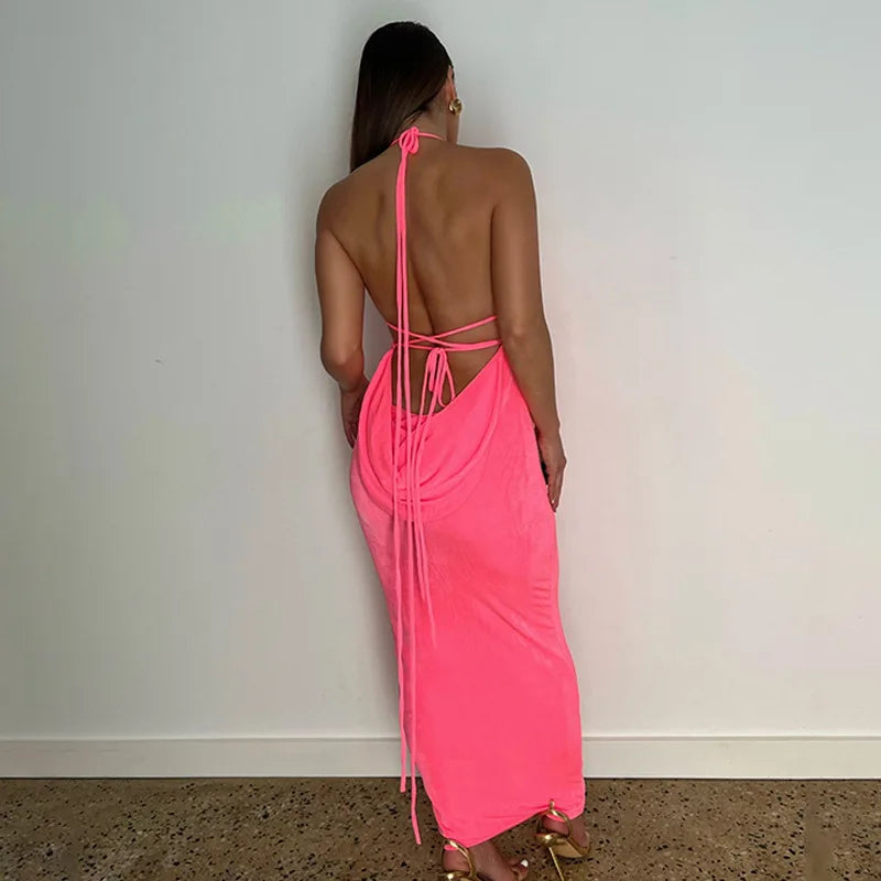 Backless Sleeveless, Swing Collar Drawstrings Hollow Out Slit Sexy Maxi Prom Dress 2023 Summer Women Party Y2K Robe