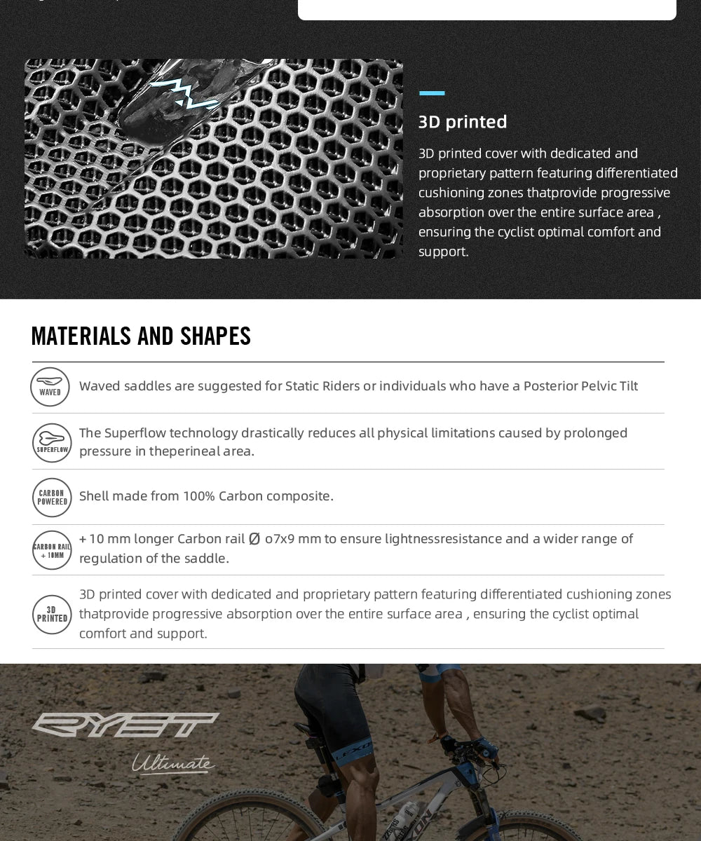 RYET 3D Printed Bike Carbon Saddle 140mm SuperLight 165g Road MTB Racing Saddles Bicycle Seat Cushion Cycling Seating Parts