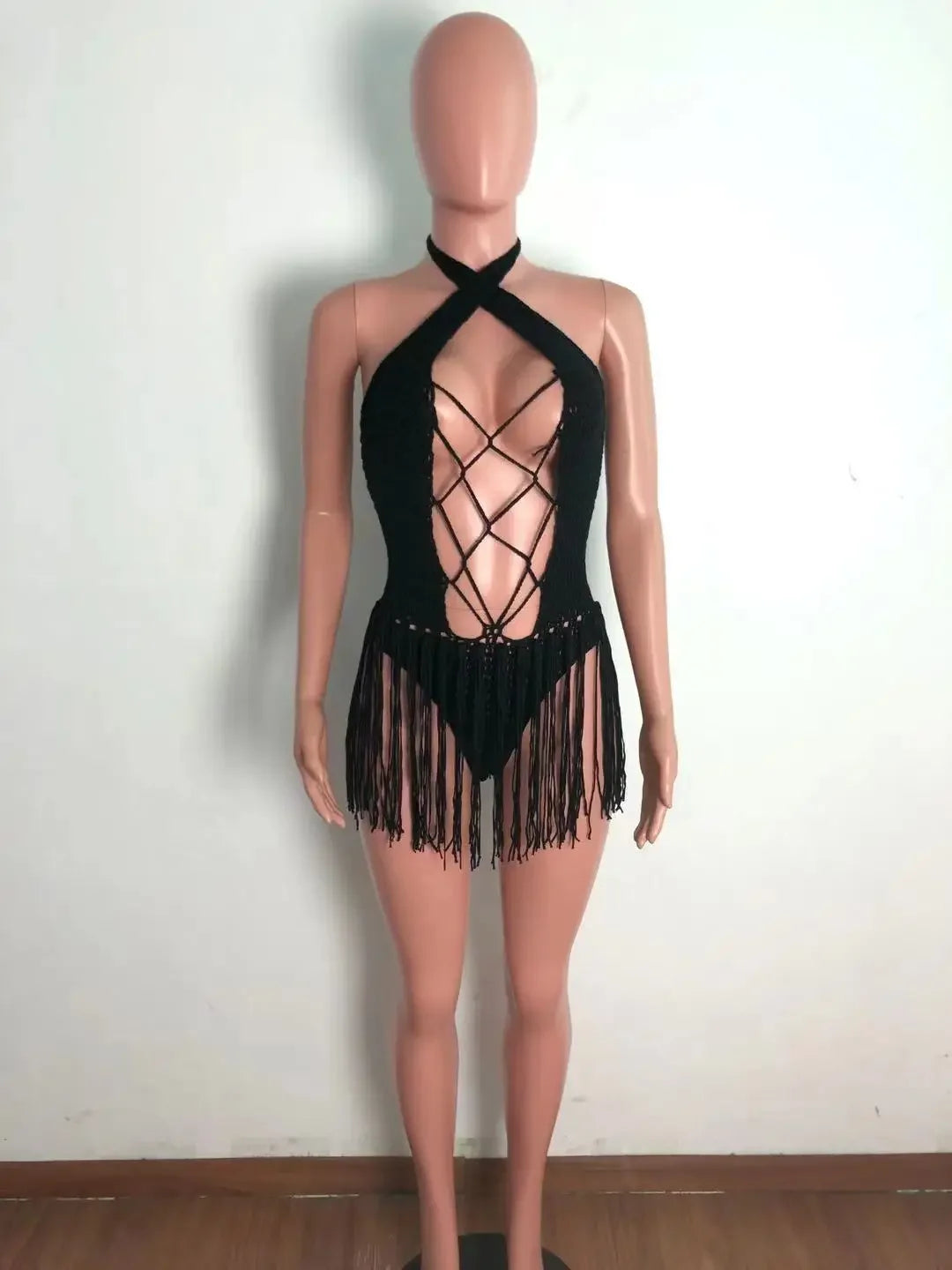 Sexy Women Knitted Dress Halter Backless Crochet Mini Dresses Hollow Out Bodycon Crocheted Beach Dress