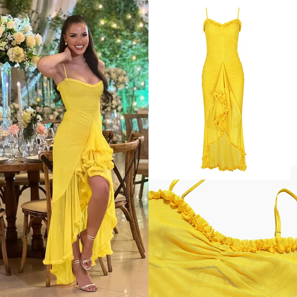 Maxi Gown, Suninheart Irregular Mesh Party Dress 2024 New Arrivals Spaghetti Strap Bodycon Dress Fashion Ruched