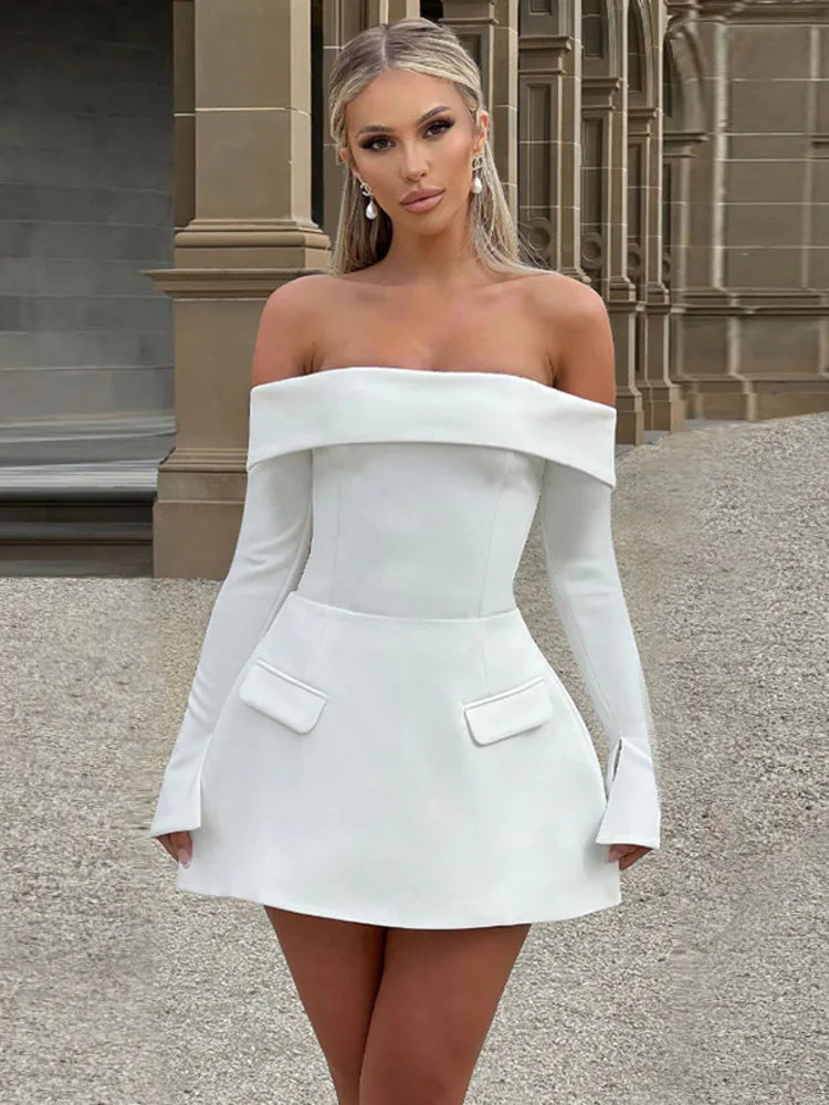 Mozision Off-shoulder Long Sleeve Sexy Mini Dress For Women Two Pocket Strapless Backless A-line Club Party Sexy Dress Elegant