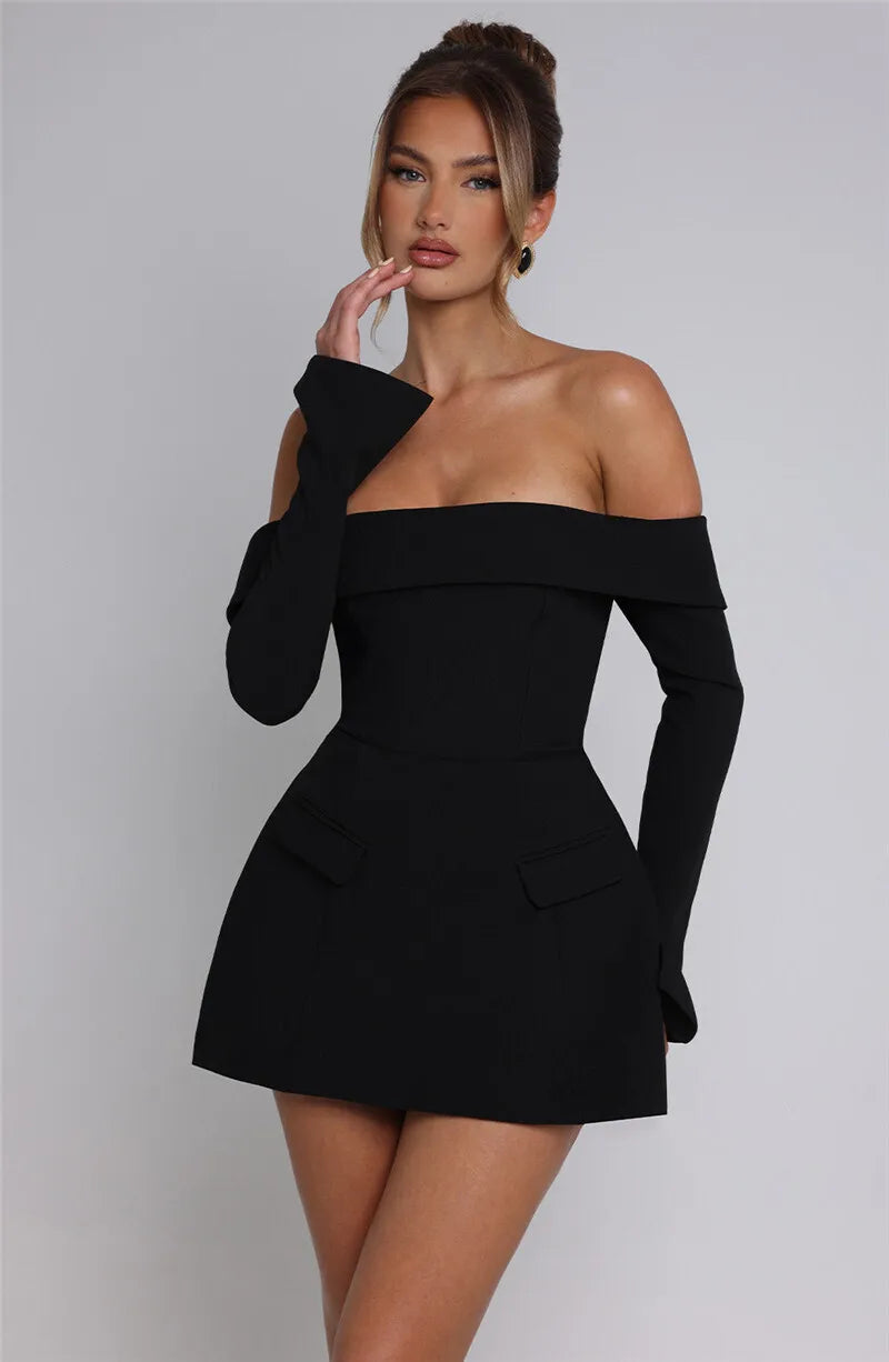 Mozision Off-shoulder Long Sleeve Sexy Mini Dress For Women Two Pocket Strapless Backless A-line Club Party Sexy Dress Elegant