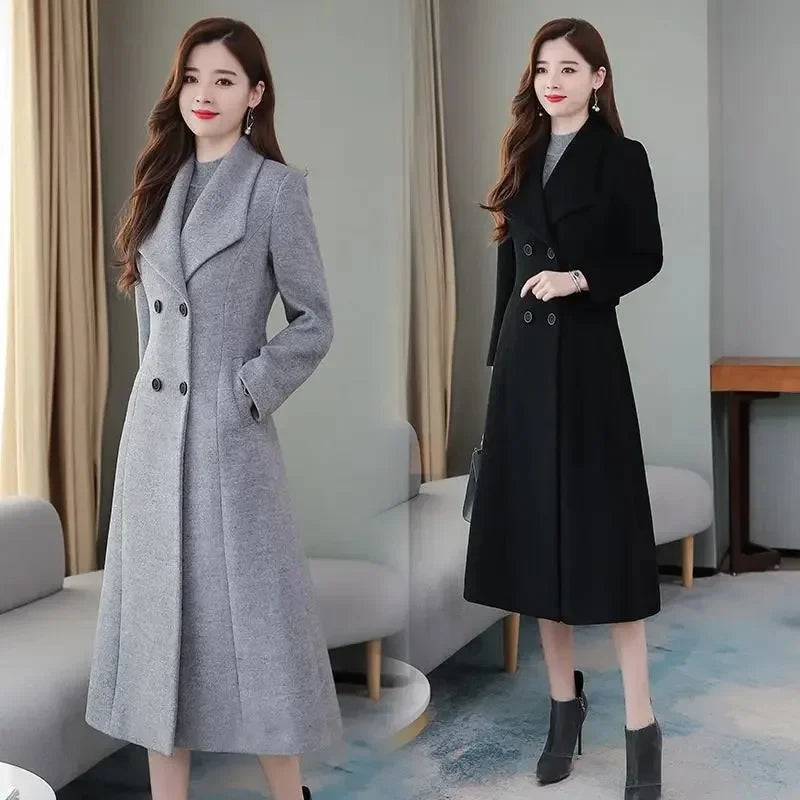Women's Wool Coat - Long, Thick, Slim Fit with Waist Fitting, Knee-Length for Elegant and Warm Wear.