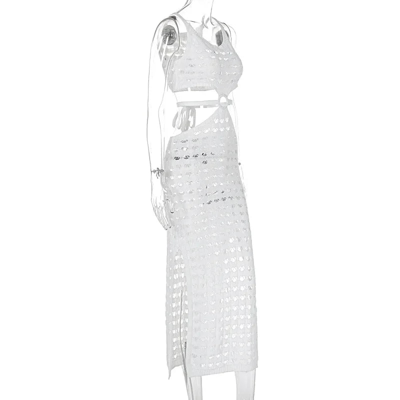 Sexy Hollow Out Women Knit Maxi Dress High Waist Cut Out Mesh Sheer Elegant Sleeveless Hem silt Beach Party Dress Femme