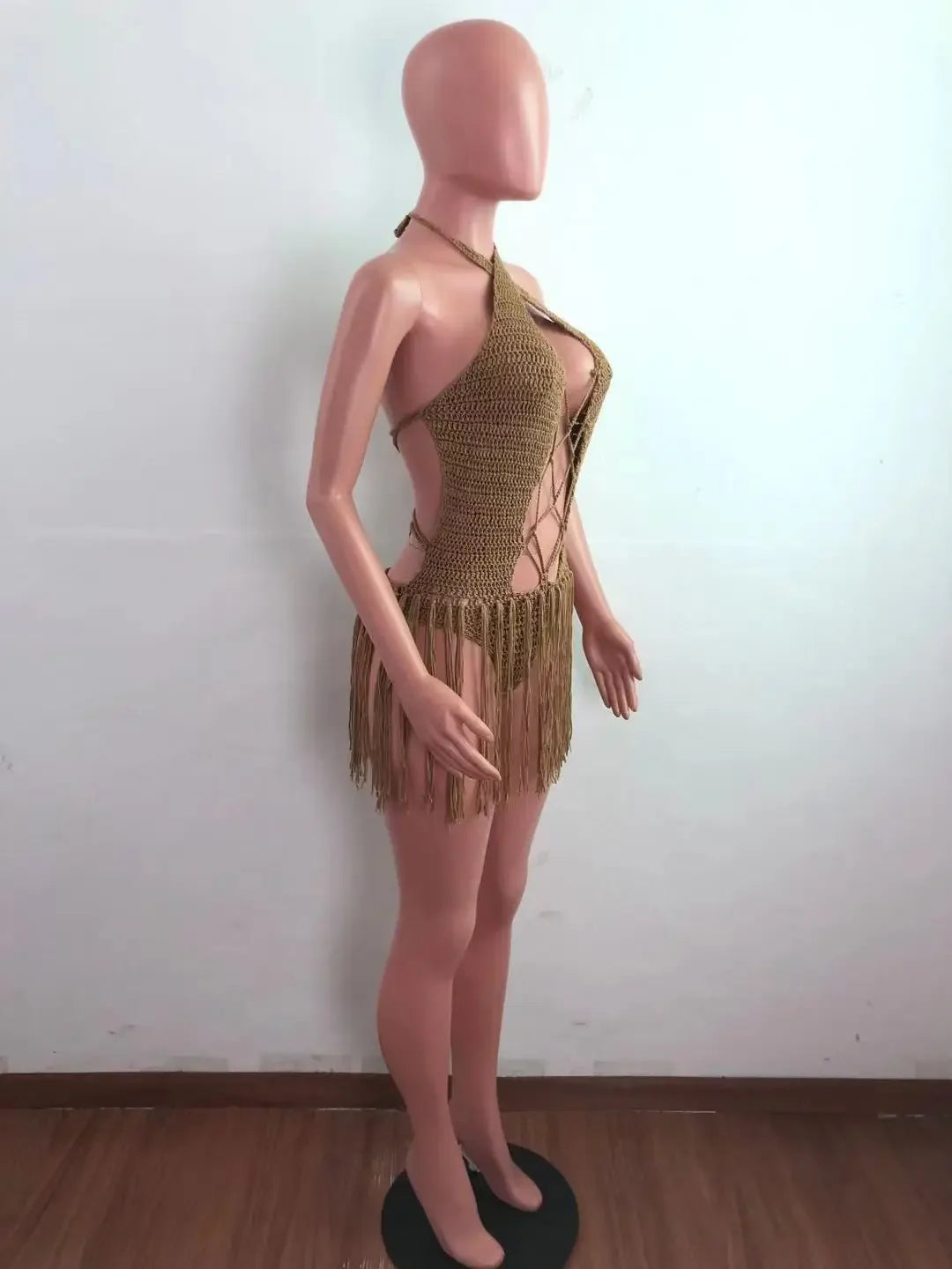 Sexy Women Knitted Dress Halter Backless Crochet Mini Dresses Hollow Out Bodycon Crocheted Beach Dress
