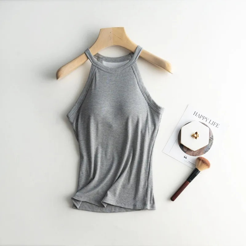 Halter Neck Off-shoulder Camisole Tops Basic Solid Women T shirts Tees Summer Female Tanks Sleeveless With Chest Pad