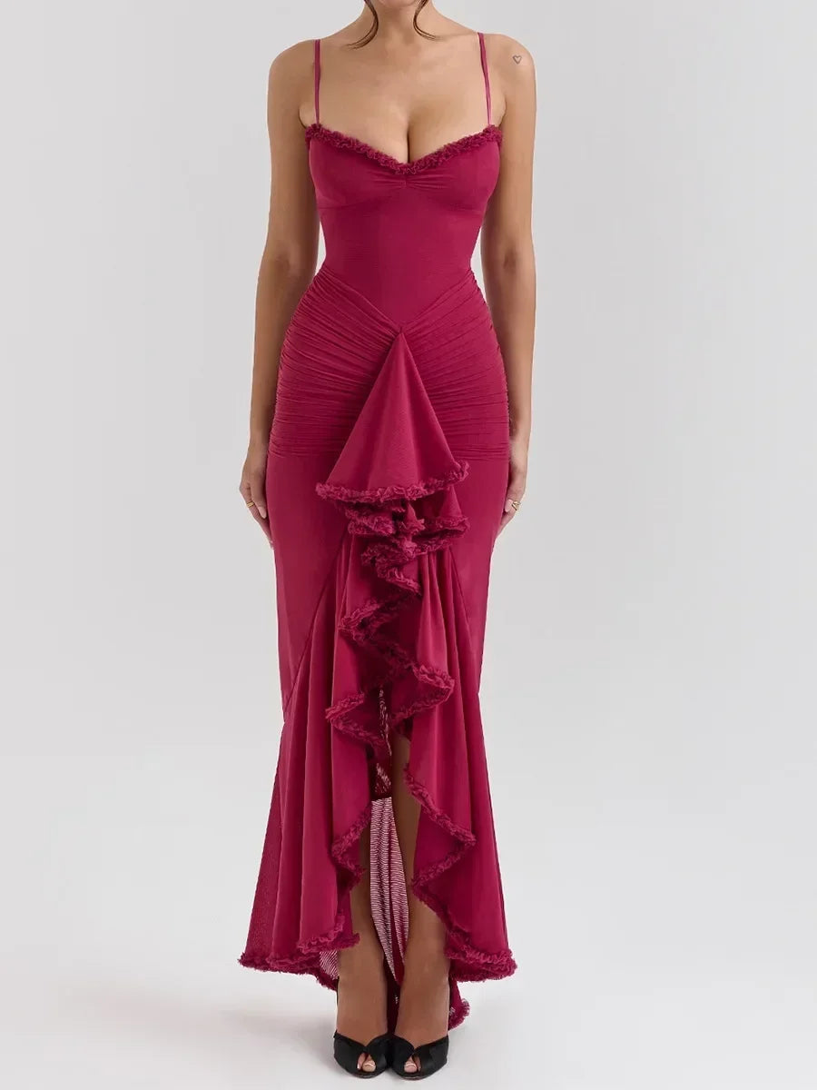 Maxi Gown, Suninheart Irregular Mesh Party Dress 2024 New Arrivals Spaghetti Strap Bodycon Dress Fashion Ruched