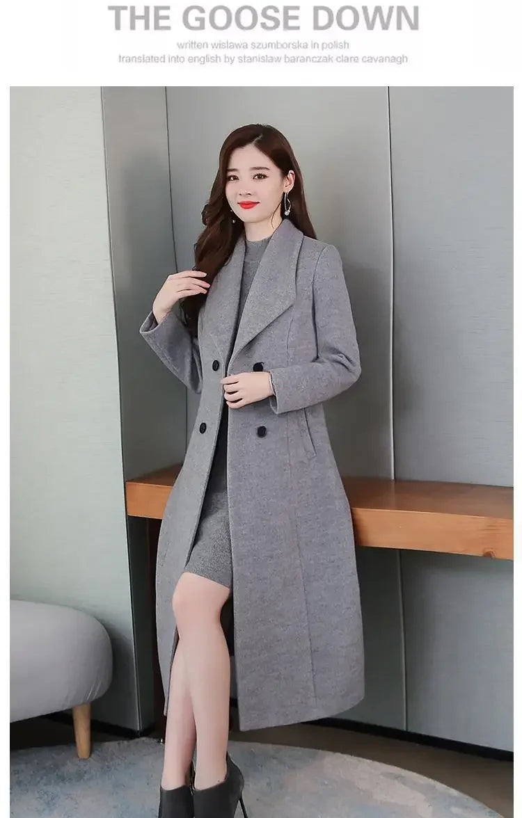 Women's Wool Coat - Long, Thick, Slim Fit with Waist Fitting, Knee-Length for Elegant and Warm Wear.