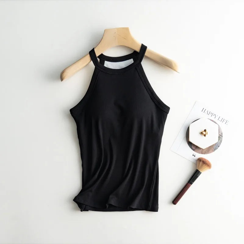 Halter Neck Off-shoulder Camisole Tops Basic Solid Women T shirts Tees Summer Female Tanks Sleeveless With Chest Pad