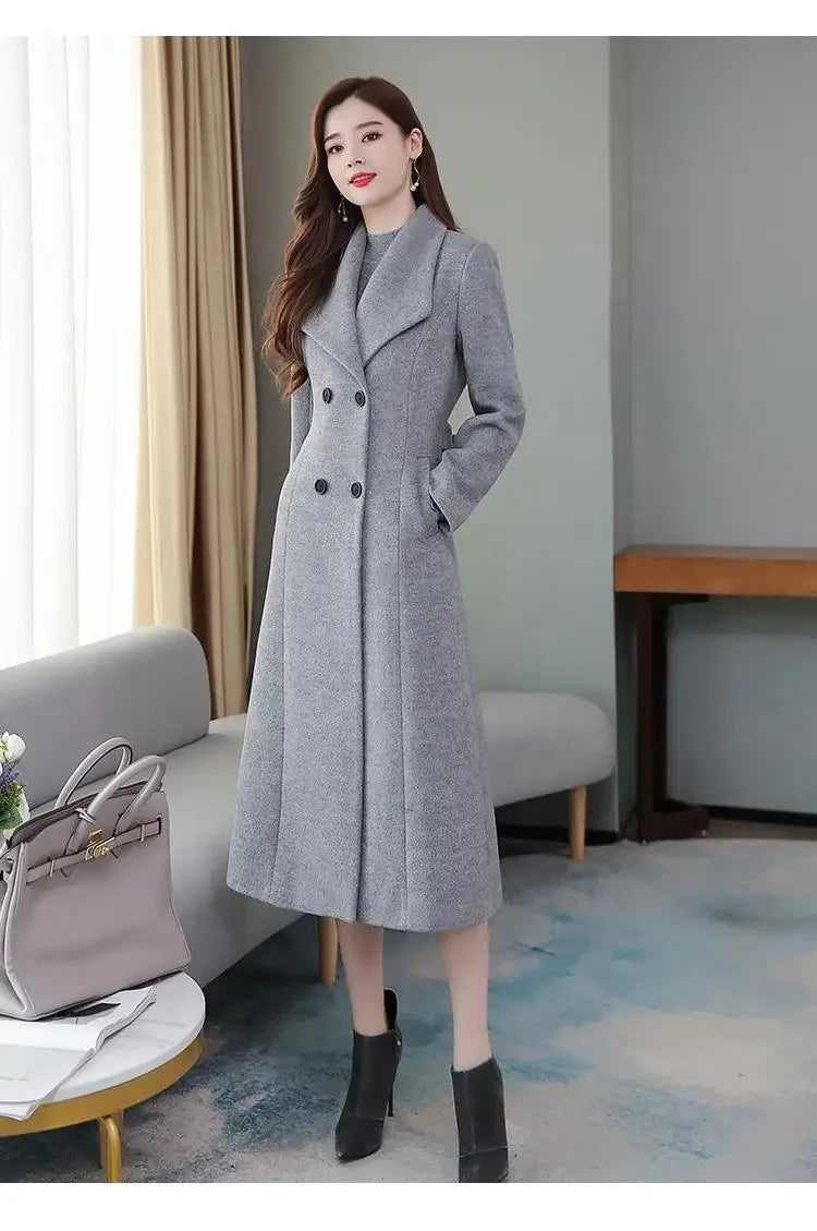 Women's Wool Coat - Long, Thick, Slim Fit with Waist Fitting, Knee-Length for Elegant and Warm Wear.