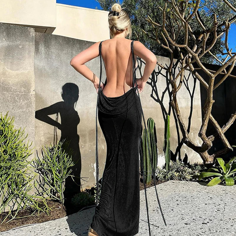 Backless Sleeveless, Swing Collar Drawstrings Hollow Out Slit Sexy Maxi Prom Dress 2023 Summer Women Party Y2K Robe
