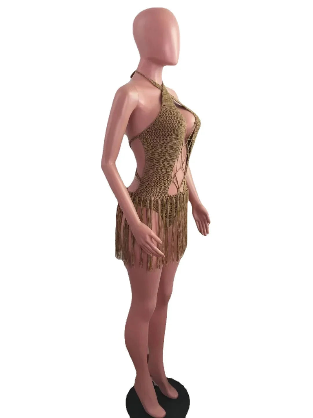 Sexy Women Knitted Dress Halter Backless Crochet Mini Dresses Hollow Out Bodycon Crocheted Beach Dress