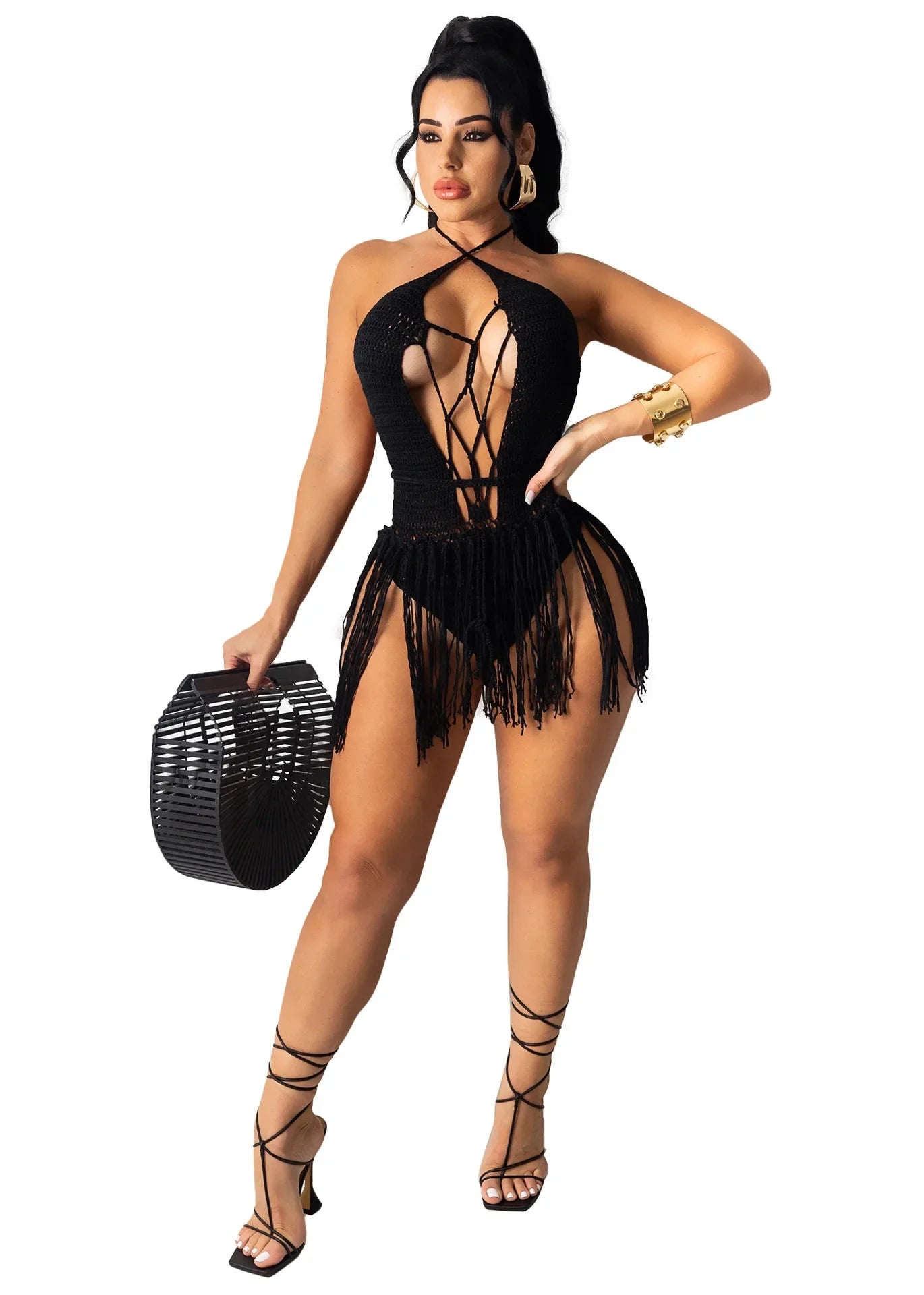 Sexy Women Knitted Dress Halter Backless Crochet Mini Dresses Hollow Out Bodycon Crocheted Beach Dress