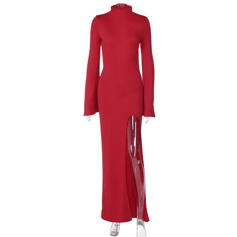 Hugcitar Turtleneck Solid Long Sleeve Backless Slit Sexy Slim Maxi Prom Dress 2024 Spring Women Clothes Birthday Party Y2K
