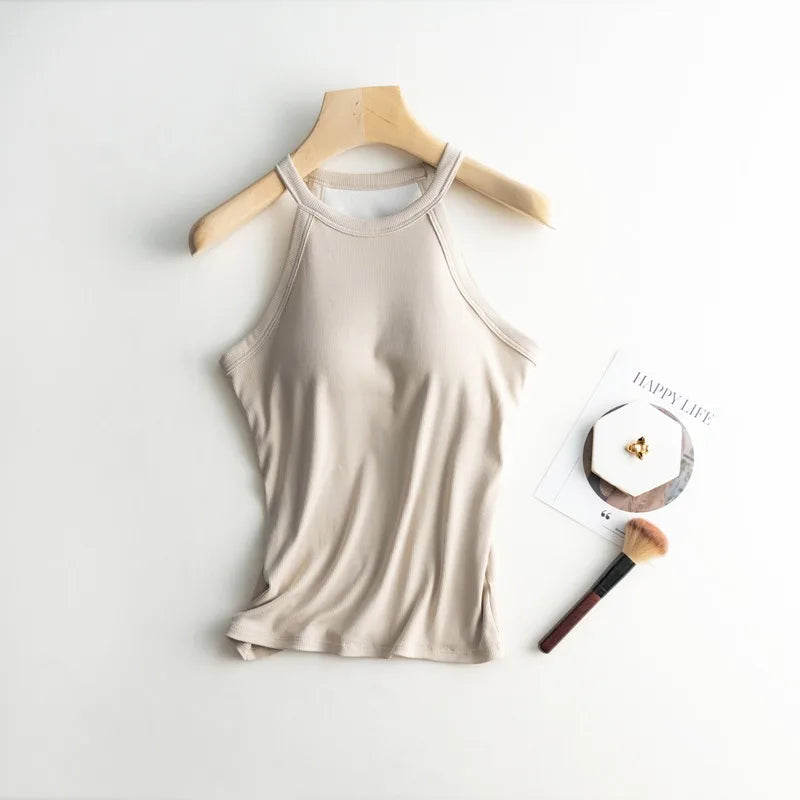 Halter Neck Off-shoulder Camisole Tops Basic Solid Women T shirts Tees Summer Female Tanks Sleeveless With Chest Pad
