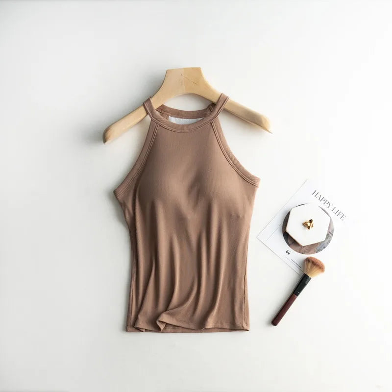 Halter Neck Off-shoulder Camisole Tops Basic Solid Women T shirts Tees Summer Female Tanks Sleeveless With Chest Pad