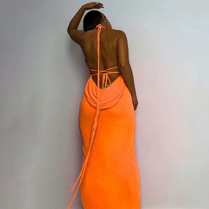 Backless Sleeveless, Swing Collar Drawstrings Hollow Out Slit Sexy Maxi Prom Dress 2023 Summer Women Party Y2K Robe