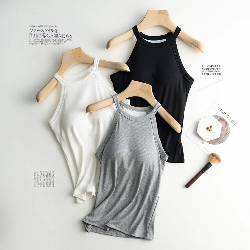 Halter Neck Off-shoulder Camisole Tops Basic Solid Women T shirts Tees Summer Female Tanks Sleeveless With Chest Pad