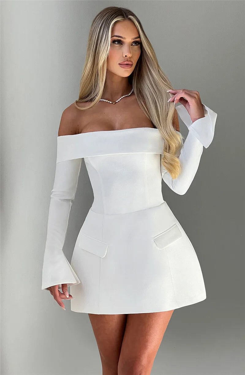 Mozision Off-shoulder Long Sleeve Sexy Mini Dress For Women Two Pocket Strapless Backless A-line Club Party Sexy Dress Elegant