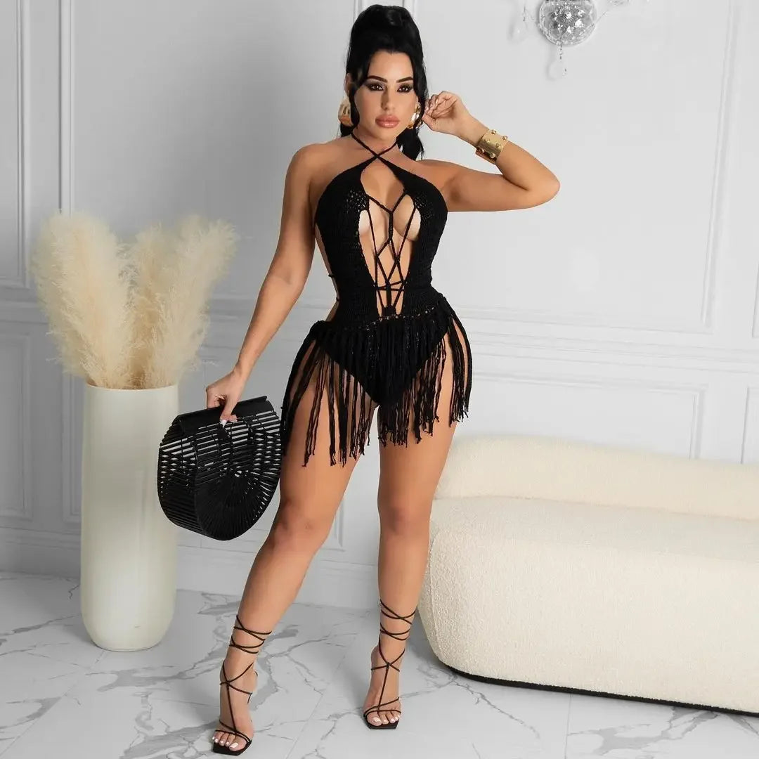 Sexy Women Knitted Dress Halter Backless Crochet Mini Dresses Hollow Out Bodycon Crocheted Beach Dress