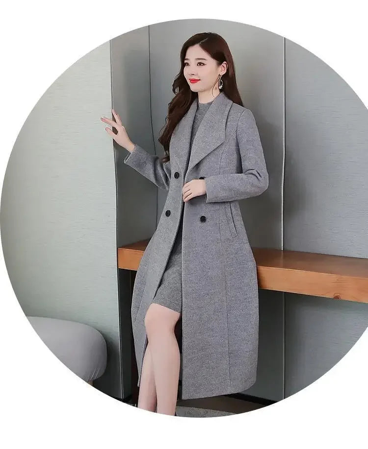 Women's Wool Coat - Long, Thick, Slim Fit with Waist Fitting, Knee-Length for Elegant and Warm Wear.