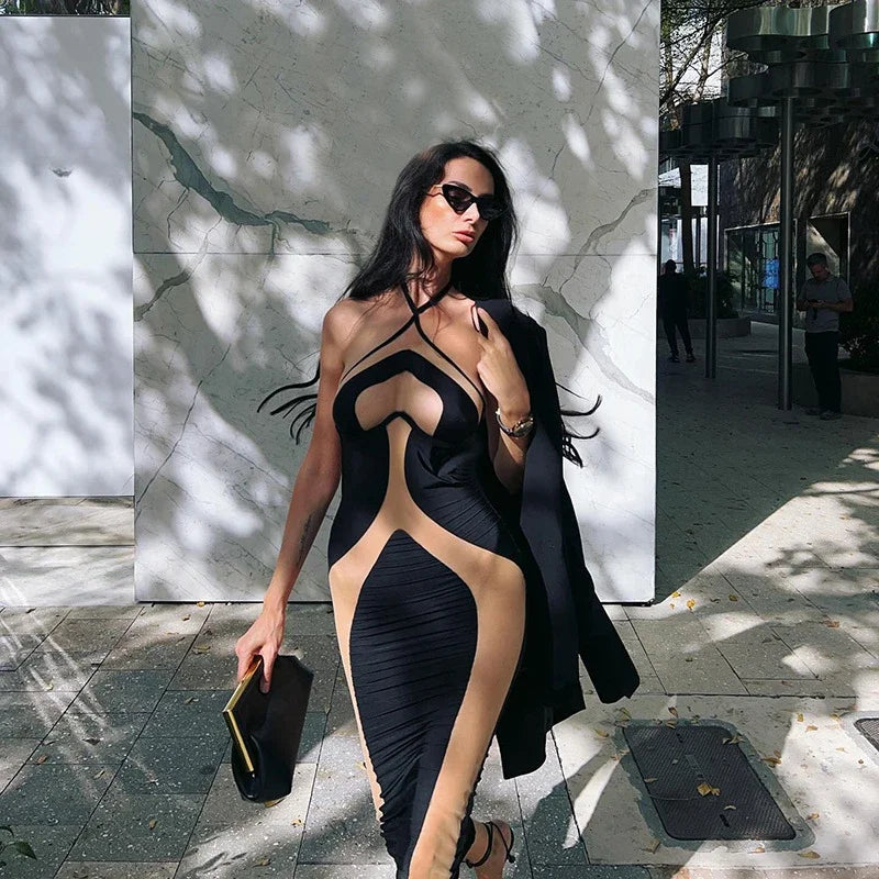 Halter Neck Dresses, Mesh Patchwork for Women Sexy Lace-up Backless See-through Evening Dress Sleeveless Backless Long Party Robe