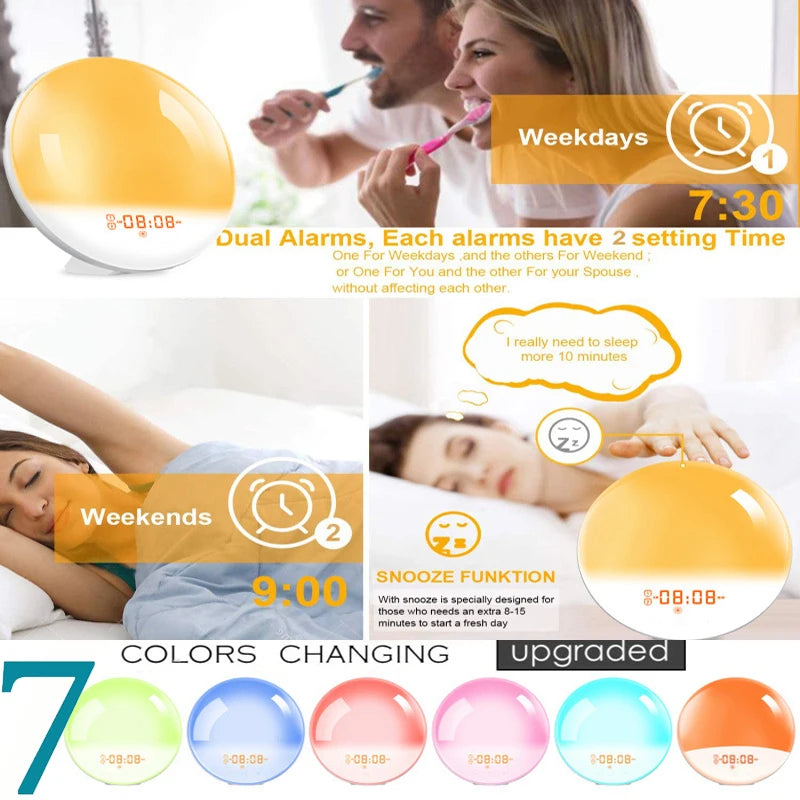 Alarm Clock, Wake Up Alarm Clock Light with Sunrise/Sunset Simulation Dual Alarms FM Radio Nightlight 7 Colors Natural Sounds Snooze
