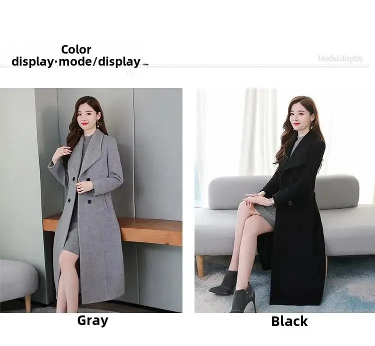 Women's Wool Coat - Long, Thick, Slim Fit with Waist Fitting, Knee-Length for Elegant and Warm Wear.